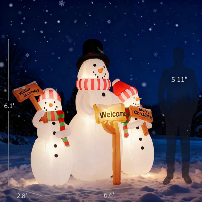 Présentoir de Noël gonflable d'extérieur de 6,1 pi avec trois bonhommes de neige avec enseigne chacun