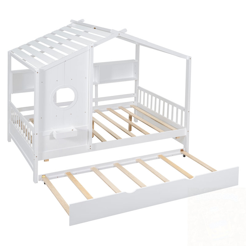 Lit double avec lit gigogne et tablette de rangement, Lit double, Blanc