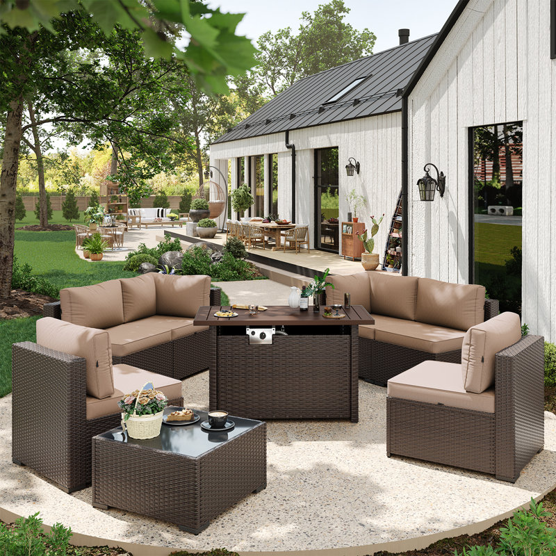Caradog Wicker 6 - Person Patio Conversation Sets with Cushions, Coffee Table and 44" Fire Pit Table