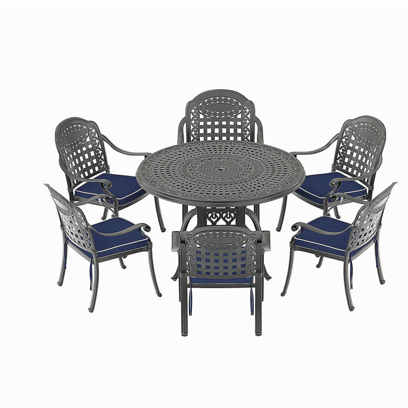 Ensemble de 7 pièces de mobilier de patio en aluminium coulé avec cadre noir et coussins de siège bleus (identique à: W1710S00487)