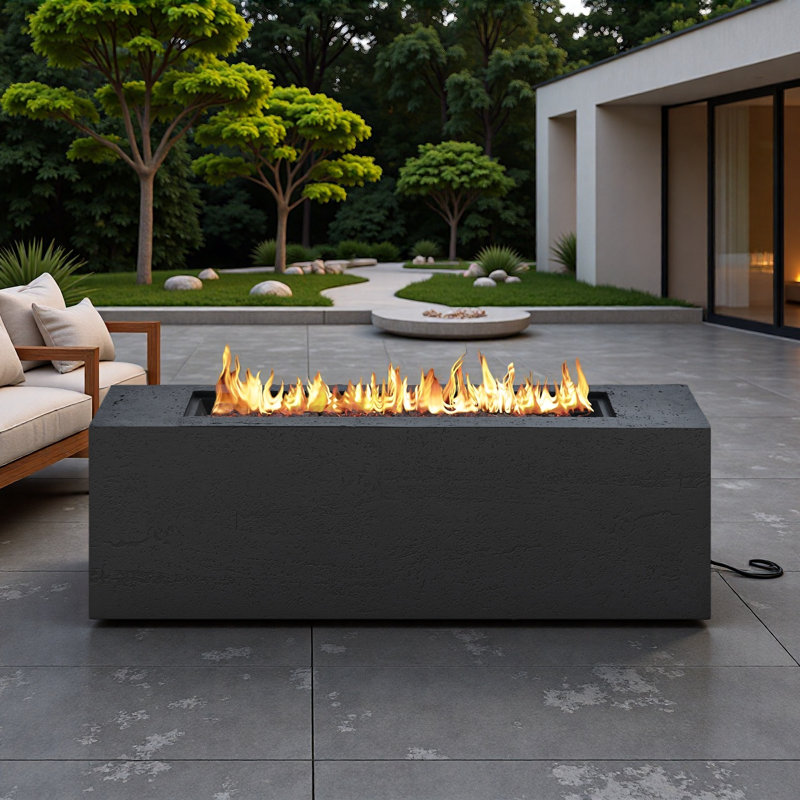 Mgo Propane Outdoor Rectangular Fire Pit With Side Cutout Handles, Steel Burner, Adjustable Flame Control, Lava Rocks And Rain Cover