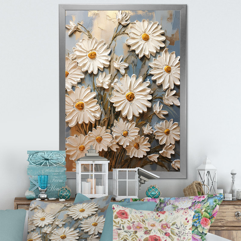 Marguerite blanche en fleurs élégance I, H 20 po x l 12 po x P 1 po, Cadre simple argenté