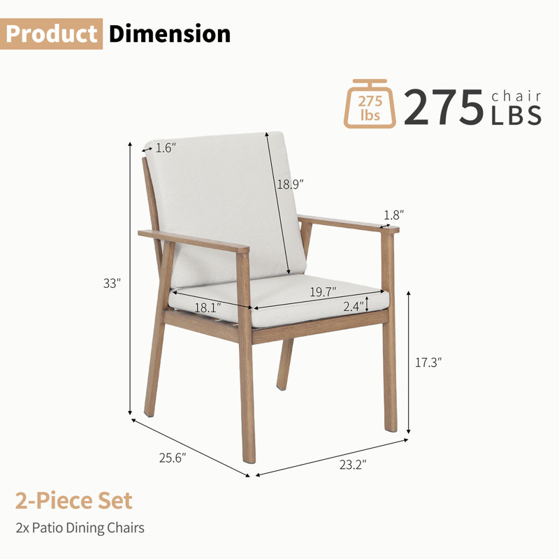 Chaises de salle à manger d'extérieur modernes en aluminium avec coussins, ensemble de 2 fauteuils de patio à haut dossier résistant aux intempéries