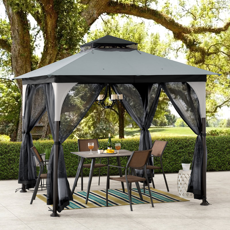 Sunjoy 9 ft. x 9 ft. Gazebo with 2-Tier Canopy Roof, Steel Frame Soft top Gazebo with Ceiling Hook and Mosquito Netting