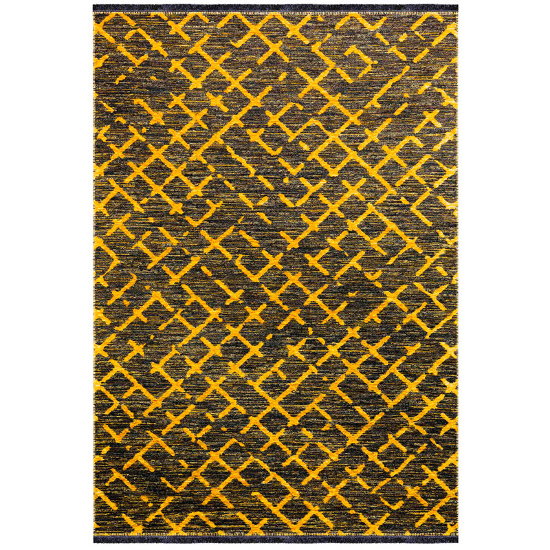 Tapis intérieur / extérieur en polyester / chenille tissé à la machine Edy noir / jaune, Rectangle 3 pi 11 po x 5 pi 11 po
