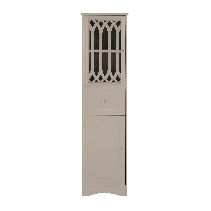 Armoire de salle de bain haute, armoire de rangement autoportante avec tiroir et portes, panneau de fibres à densité moyenne, porte en acrylique, tablette réglable