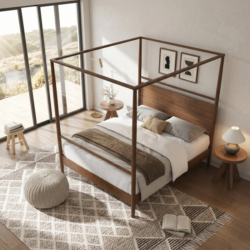 Dormal Solid Wood Queen Size Four Poster Canopy Bed Frame No Box Spring Needed, 84.80"L × 63.50"W × 75.40"H