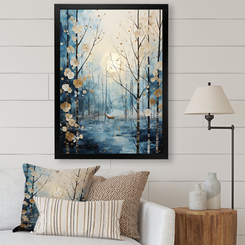 Birch Woods Winter Moonrise IV sur impression sur toile, Cadre photo noir, H 20 po x l 12 po x P 1 po