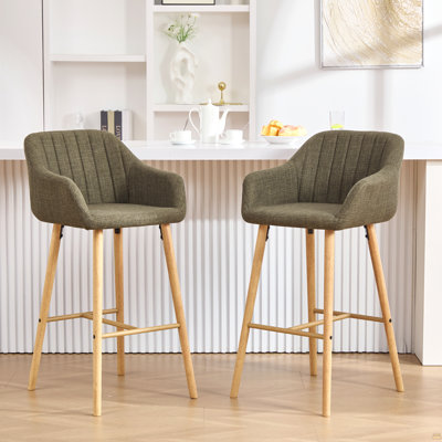 Modern Bar Stools Set Of 2, Kitchen Island Tall Chairs With Back, Arm, Footrest And Solid Wood Leg, Linen Fabric Upholstered Bar Stools