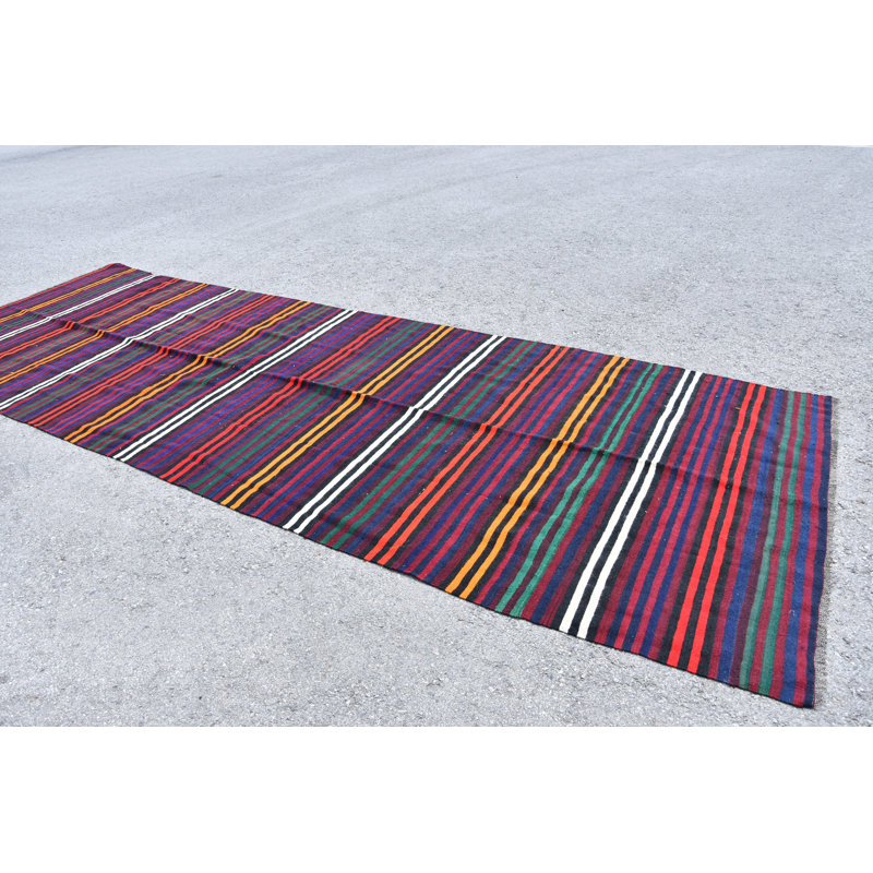 Kilim turc fait à la main avec rayures - Tapis oriental rétro idéal pour la décoration bohémienne bleu / rouge
