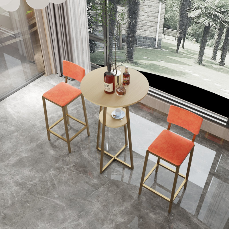 -piece bar table and chair set with gold frame, storage table, sponge cushions, beige and orange upholstery
