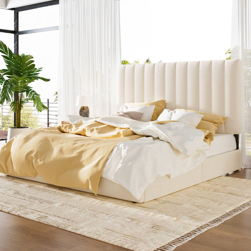 Lit plateforme tapissier avec 4 tiroirs et tête de lit, Double, Cream