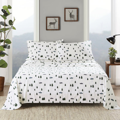 4 Pcs Full Sheet Displaying Trees & Trucks Scene, 100% Cotton Flannel, Fully Elasticized Fitted For Fit, Machine Washable, No Harmful Chemicals Involved With Design, Soft Velvet Feel, - , Includes 1