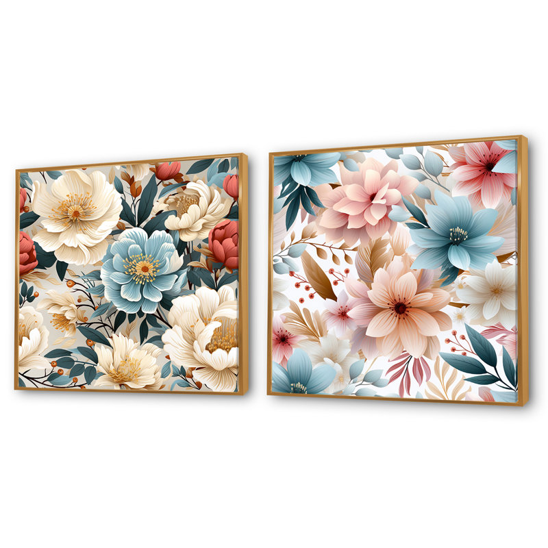Boho - motif floral bohème pastel III - ensemble de 2 collages floraux carrés, H 16 po x l 33 po, Cadre flottant doré