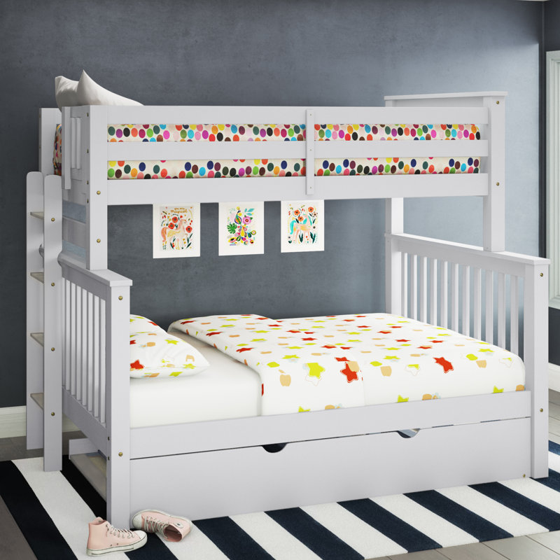 Treva Solid Wood Standard Bunk Beds Twin over Full, 4 Step Ladder, Twin Trundle, White, White