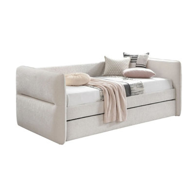 Wemy Daybed W Pull Out Trundle, Modern Ivory Chenille Upholstery by Benjara