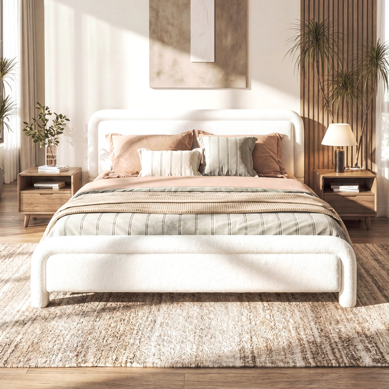 Base de lit tapissier grand format avec tête de lit courbée, lit en tissu moderne avec support en lattes de bois, aucun sommier requis, assemblage facile, blanc