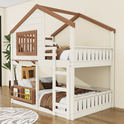 Wood House Bunk Bed With Ladder And Safety Rails