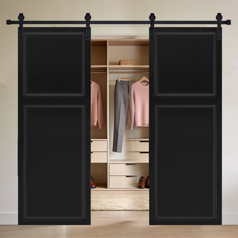 Double 2 panneaux modernes 80 po x 28 po Porte de grange coulissante en bois aggloméré noir avec ensemble de quincaillerie, 2