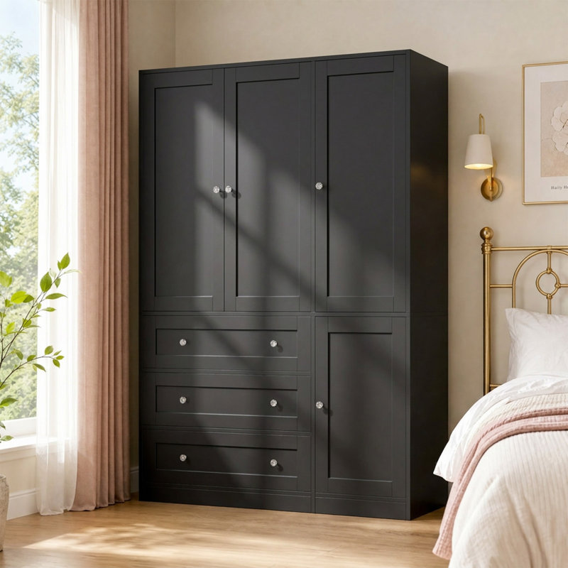 Armoire-penderie spacieuse et moderne, armoire de chambre en bois avec 4 portes, 3 tiroirs, tablettes réglables