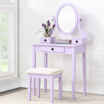 Coiffeuse en bois violet avec tabouret confortable, 3 tiroirs, miroir de maquillage réglable et élégant de 3 compartiments.