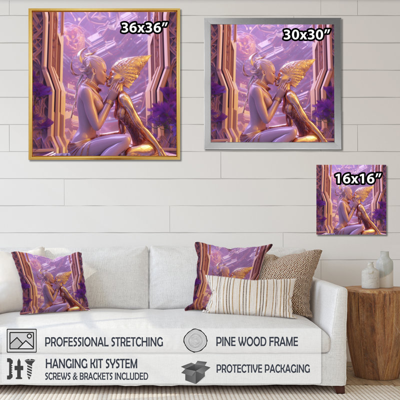 Intergalactic Kiss Cosmic Love, reproduction d'art sur toile encadrée, H 16 po x l 16 po x P 1 po, Cadre flottant doré