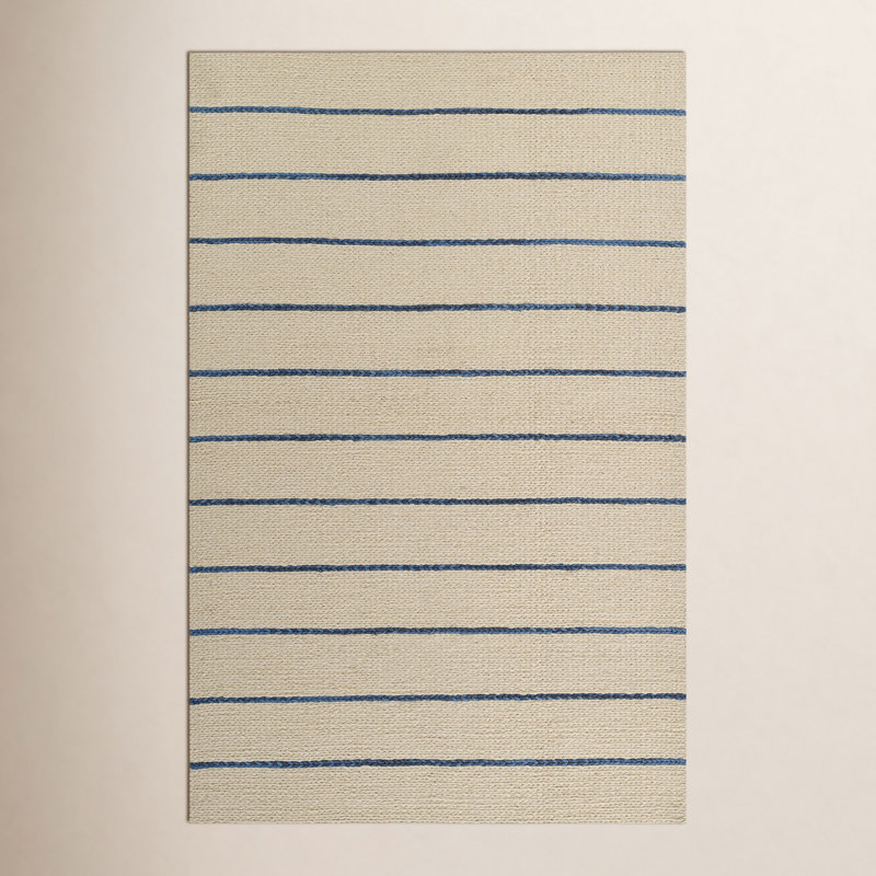 Tapis rayé beige / bleu en laine et coton Lemington, L 5 po x L 8 po
