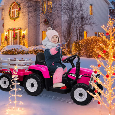 Tracteur électrique pour enfant de 12 V avec remorque, voiture avec télécommande, 7 lumières DEL, changement de vitesse à 3 vitesses, MP3 / USB, pneus de traction, 25 W