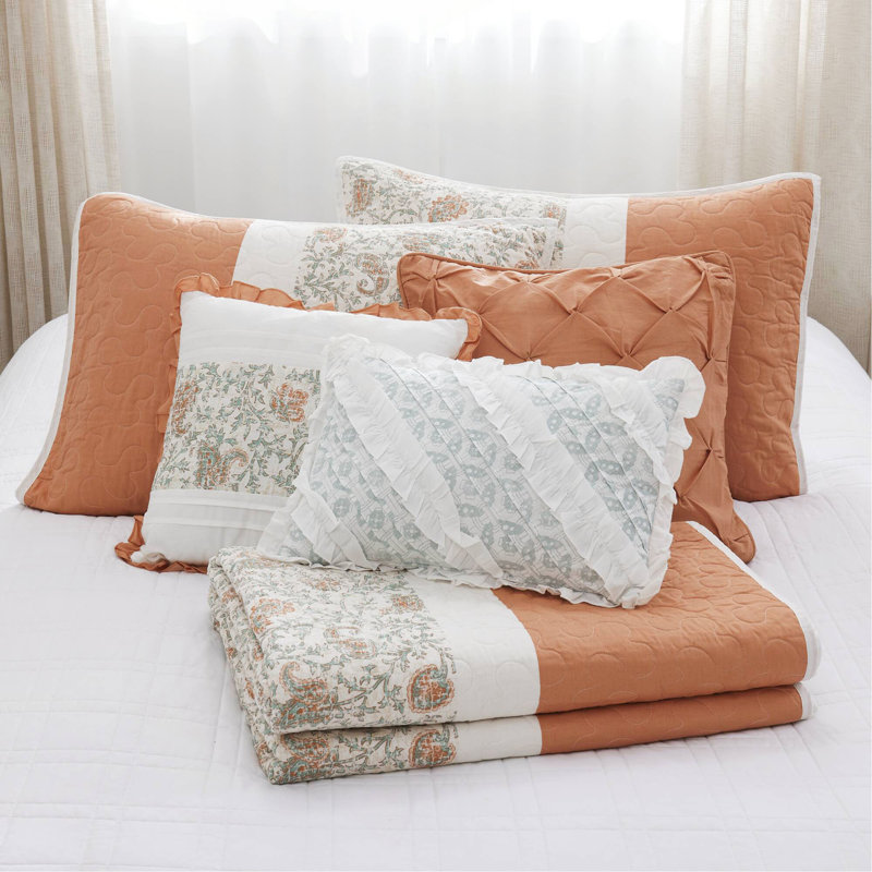 Ensemble de courtepointe en percale de coton 6 pièces avec coussins Coral King, Corail, King Quilt + 5 Additional Pieces