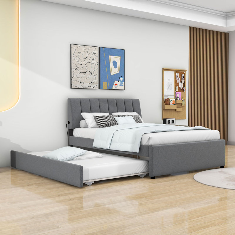 Prarthana Classic Upholstered Platform Bed with Twin Trundle, LED Lights, Gray, Full / Double