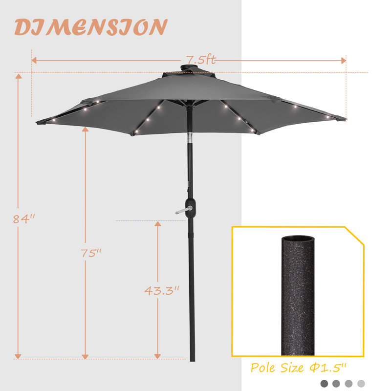 Parasol de marché éclairé 7 pi 6 po Acworth, Gris