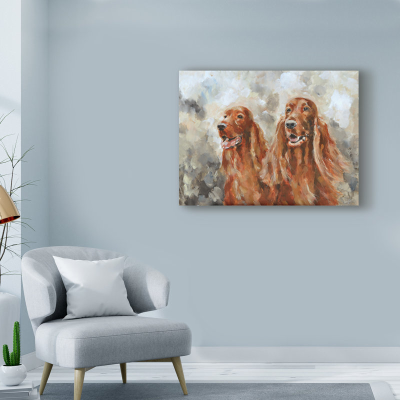 « two setters irlandais », reproduction de peinture à l’acrylique sur toile tendue, H 18 po x l 24 po x P 2 po