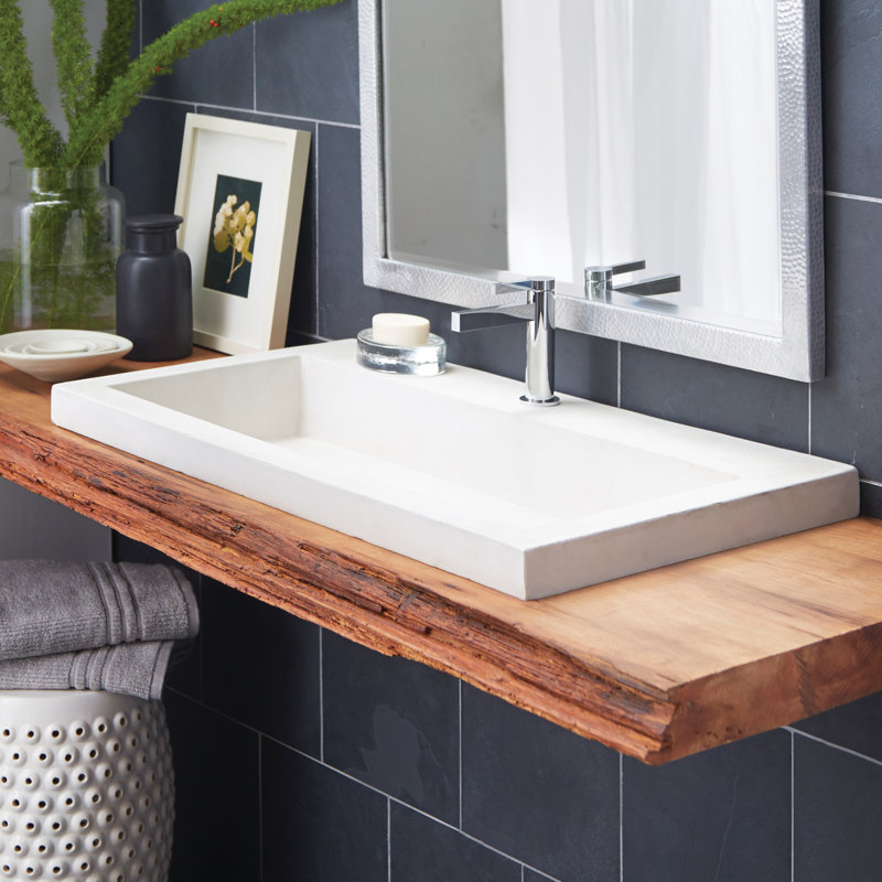 Trough Handmade Rectangular Bathroom Sink, Single Hole Faucet, Pearl