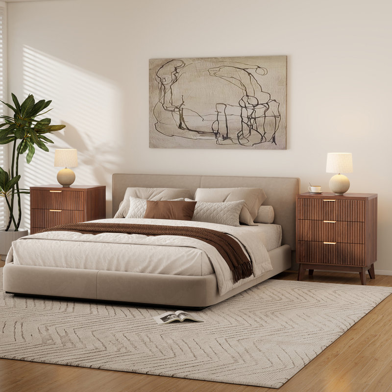 Tall Nightstand Set of 2  With 3 Drawers, Fluted Wood Bed Side Table for Bedroom, 23.6"W X 15.8"D X 28.1"H, Walnut