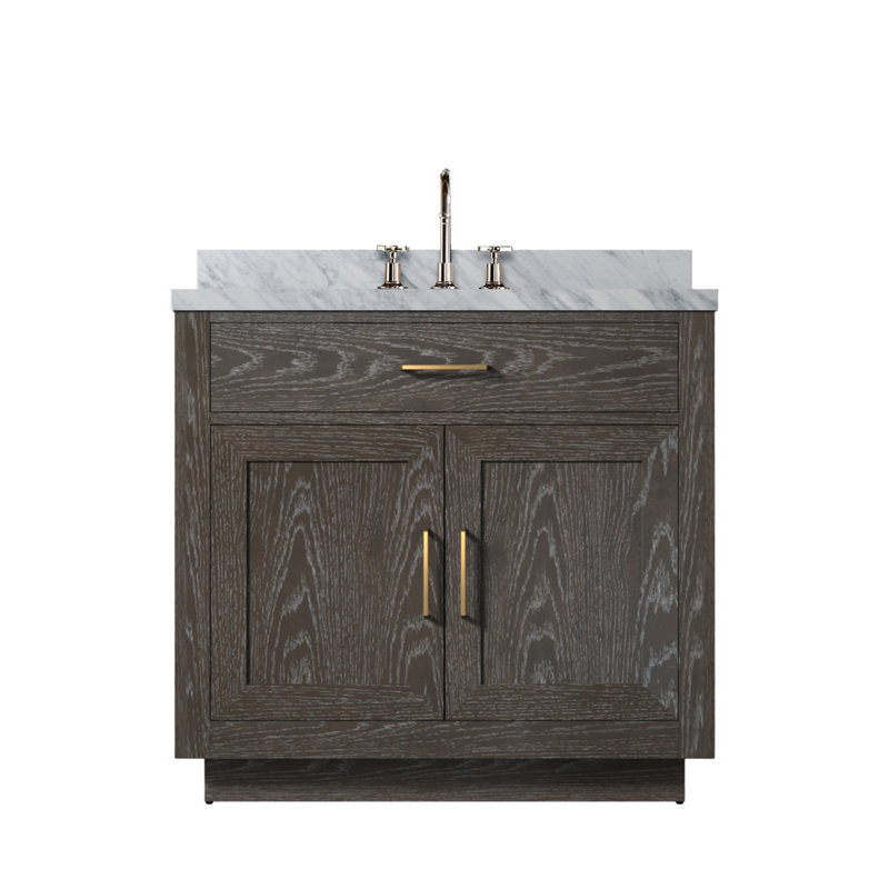 Meuble-lavabo simple en chêne brun 36 po X P 22 po D, dessus en marbre de Carrare et ensemble de robinet, Chêne brun