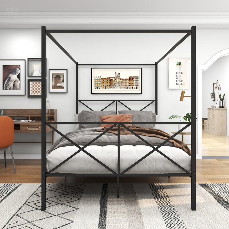 Élégant cadre de lit à baldaquin en métal, grand lit avec design en forme de X pour une mise à niveau élégante et durable de la chambre à coucher