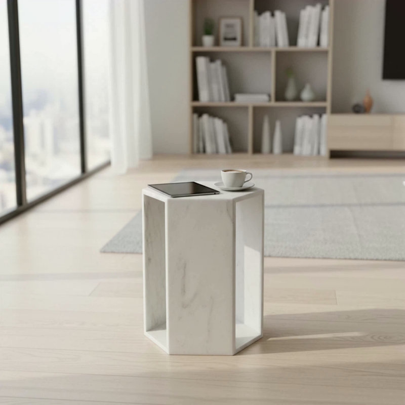Table d'appoint hexagonale en marbre naturel blanc, Blanc