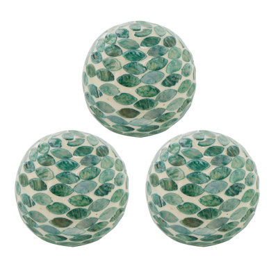 Ensemble de 3 orbes décoratifs en céramique avec mosaïque de coquillages vert Capiz, sphères décoratives de 4 po pour manteau de cheminée, plateau de table, plateau, bol ou pièce maîtresse