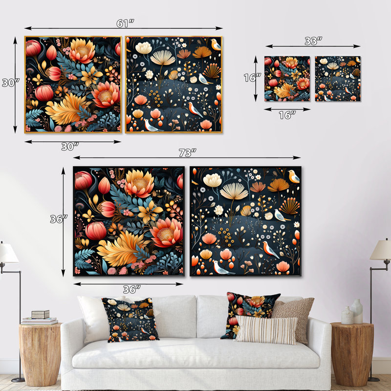 Iban - Ensemble de 2 collages carrés botaniques abstraits, H 16 po x l 33 po, Toile tendue
