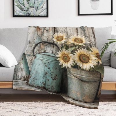 Jeté en flanelle de tournesols en seaux de métal rustique, couverture douce et chaude pour le canapé-lit du salon