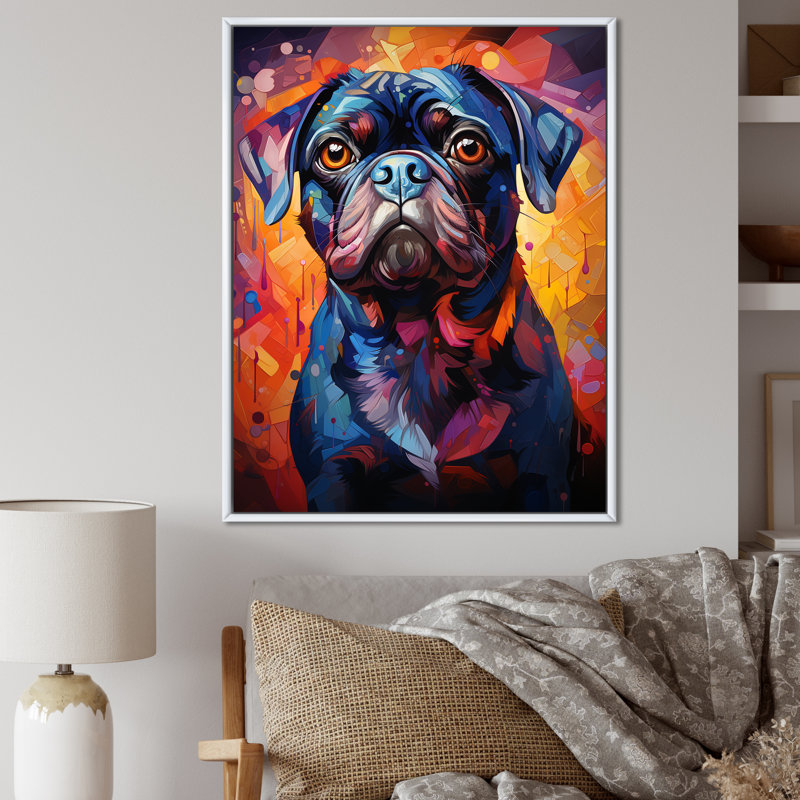 Popart Pug Parade VI sur toile, Cadre flottant blanc, H 40 po x l 30 po x P 1,5 po