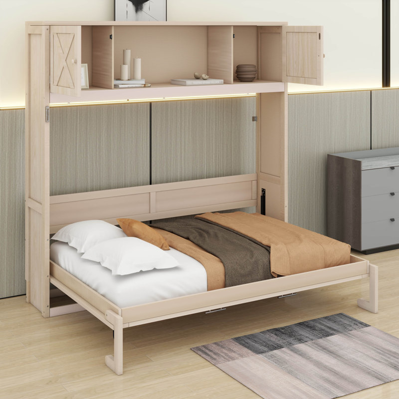 Grand lit escamotable avec armoires de rangement, Beige