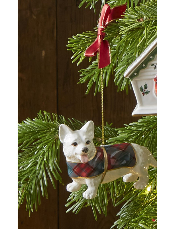 Festive Tartan Plaid Corgi Porcelain Christmas Ornament