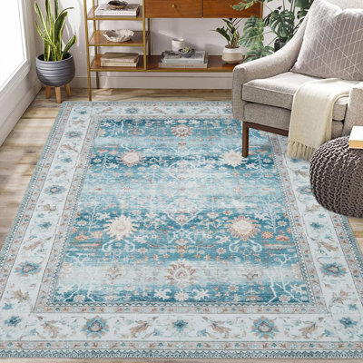 9x12 Vintage Area Rug Machine Washable Distressed Non-Slip Low Pile Stain-Resistant No-Shedding Easy-Clean Dining Accent Rug Green