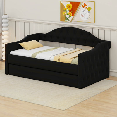 Twin Size Tufted Upholstered Daybed With Trundle ,Velvet Sofabed With USB&Type-C Charging Ports