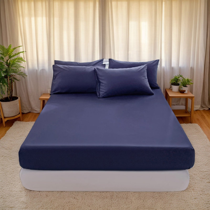 Solid Color Fitted Sheet Set - Navy Blue - King (198x203 cm) (3PCS), King, Navy Blue