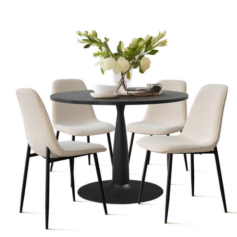 Folmar 35" W 5-Piece Round Dining Set with Gloss Finish and Chenille Chairs, Beige