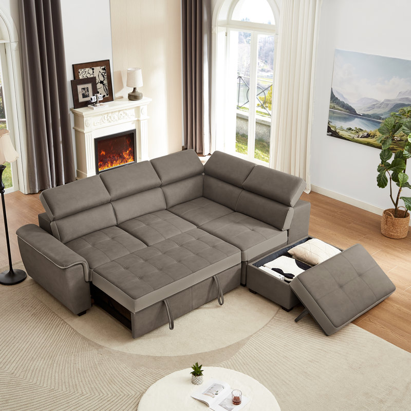 101.97" L Shaped Sectional Sofa with Pull Out Sleeper Bed, Right Hand Facing