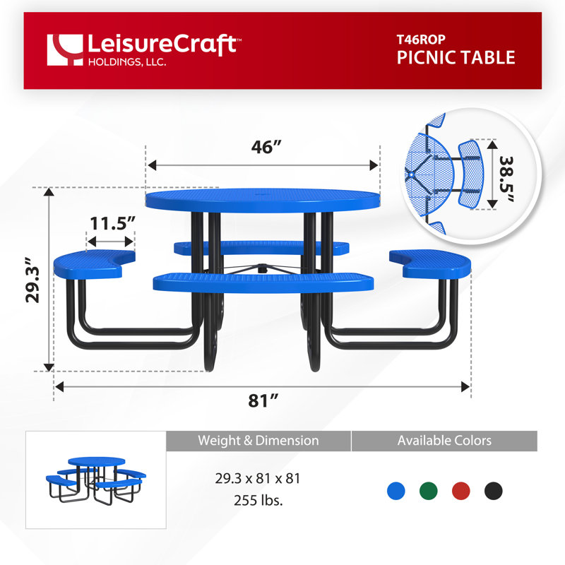 Table de pique-nique extérieure de 46 po avec 4 bancs Leisure Craft, Bleu