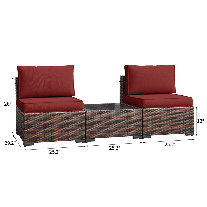 Anterion 25.2" W 3-Piece Wicker Patio Seating Group with Cushions, Burgundy